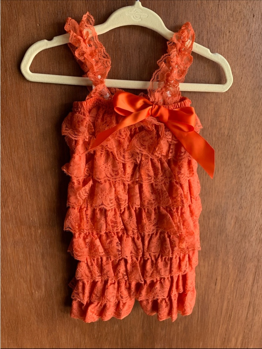 Orange Lace Ruffle Romper with Satin Bow